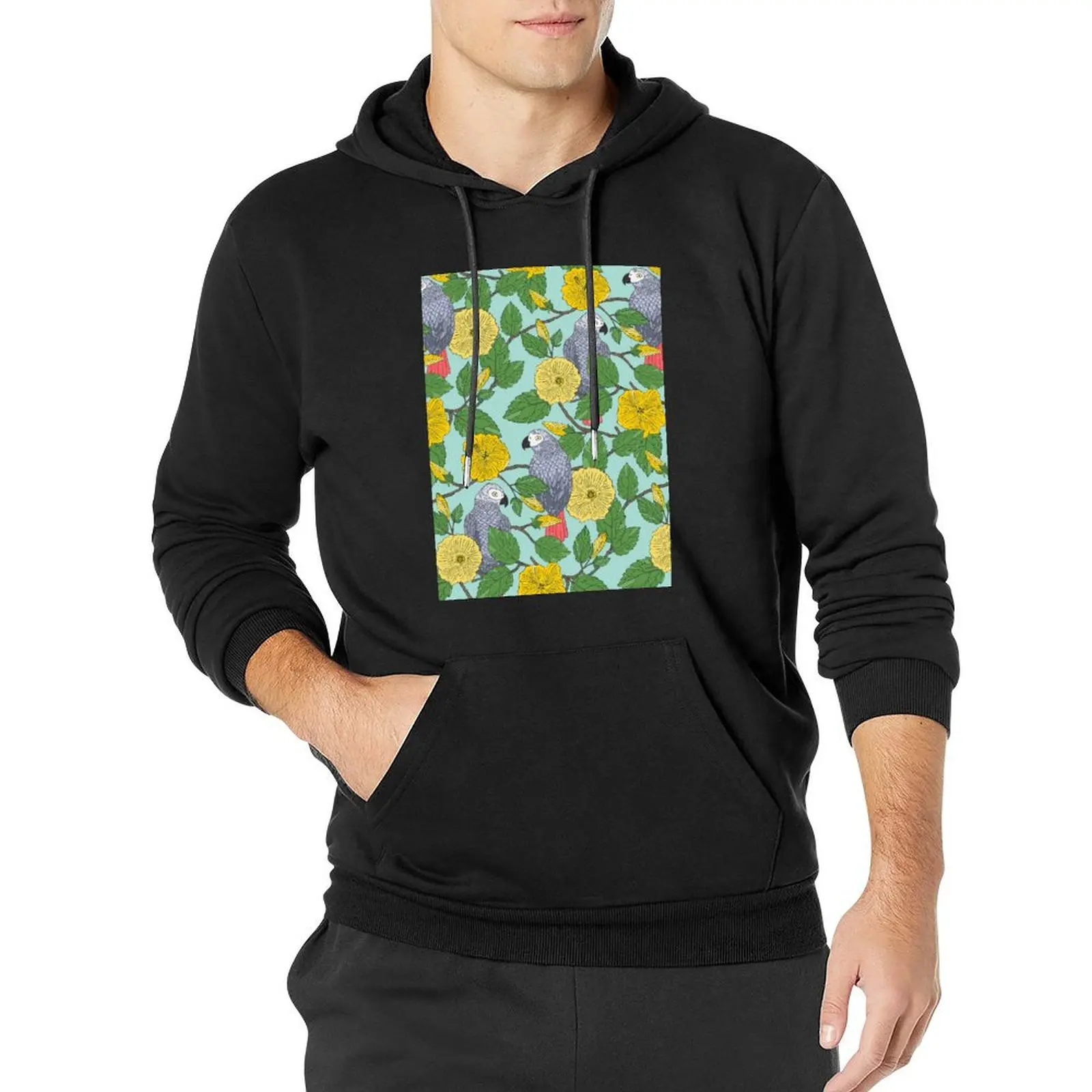 

African Grey Parrots and Yellow Flowers Pullover Hoodie aesthetic clothing men's coat new in hoodies & sweatshirts