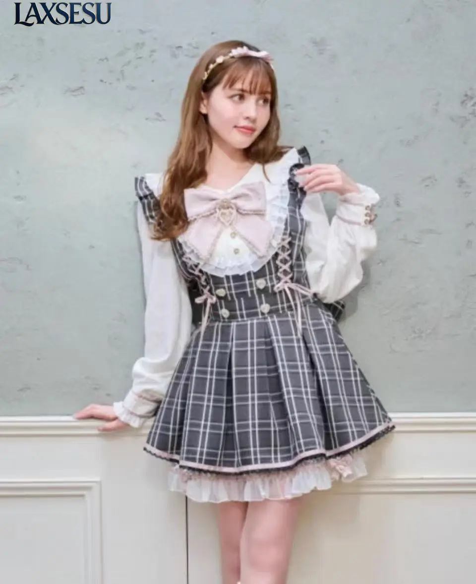 Japanese Lolita Outfits Mass-produced Sweet Cute Girl Two Piece Set Bow Lace Waist Slimming Long Sleeved Dress Sets for Women