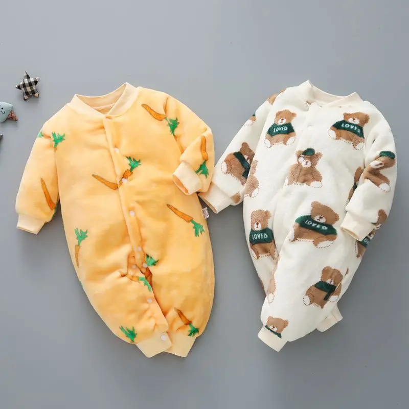 Newborn Baby Infant Fleece Romper Cartoon Snap Button Thick Jumpsuit Autumn Winter Warm Sleepwear Daily Home Pajamas Outfit