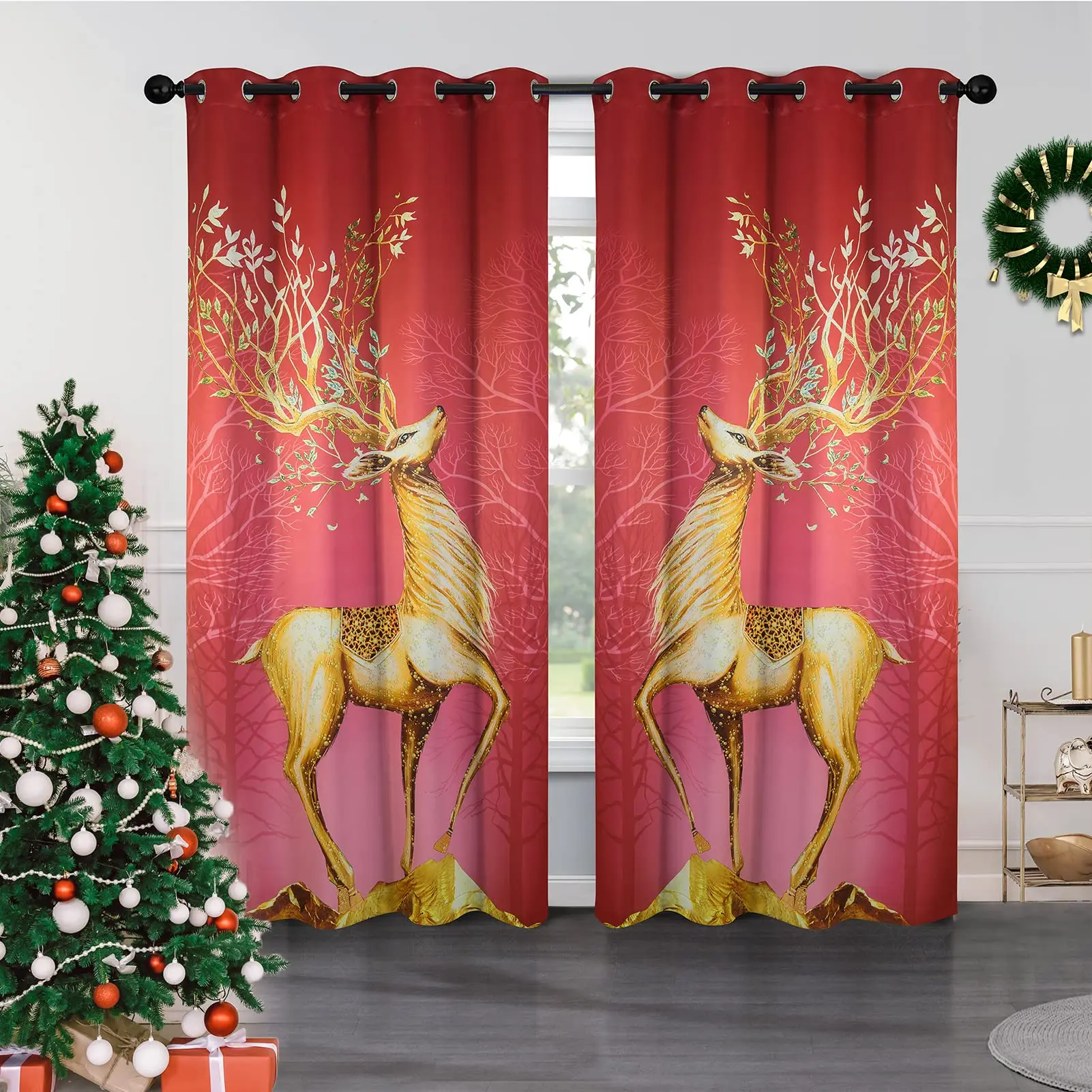 Collection Christmas Blackout Curtains Elk Printed High Shading Curtains for Bedroom Living Room Kitchen Children's Room 2 Pcs