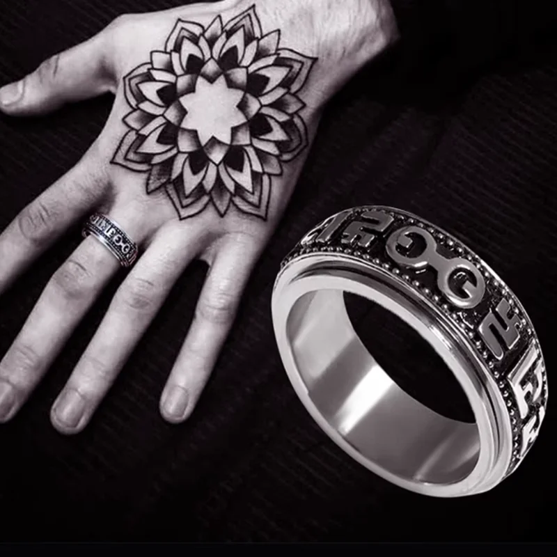 

Rotary titanium steel ring for Men and Women Six-character Mantra Heart Sutra Couple Jewelry