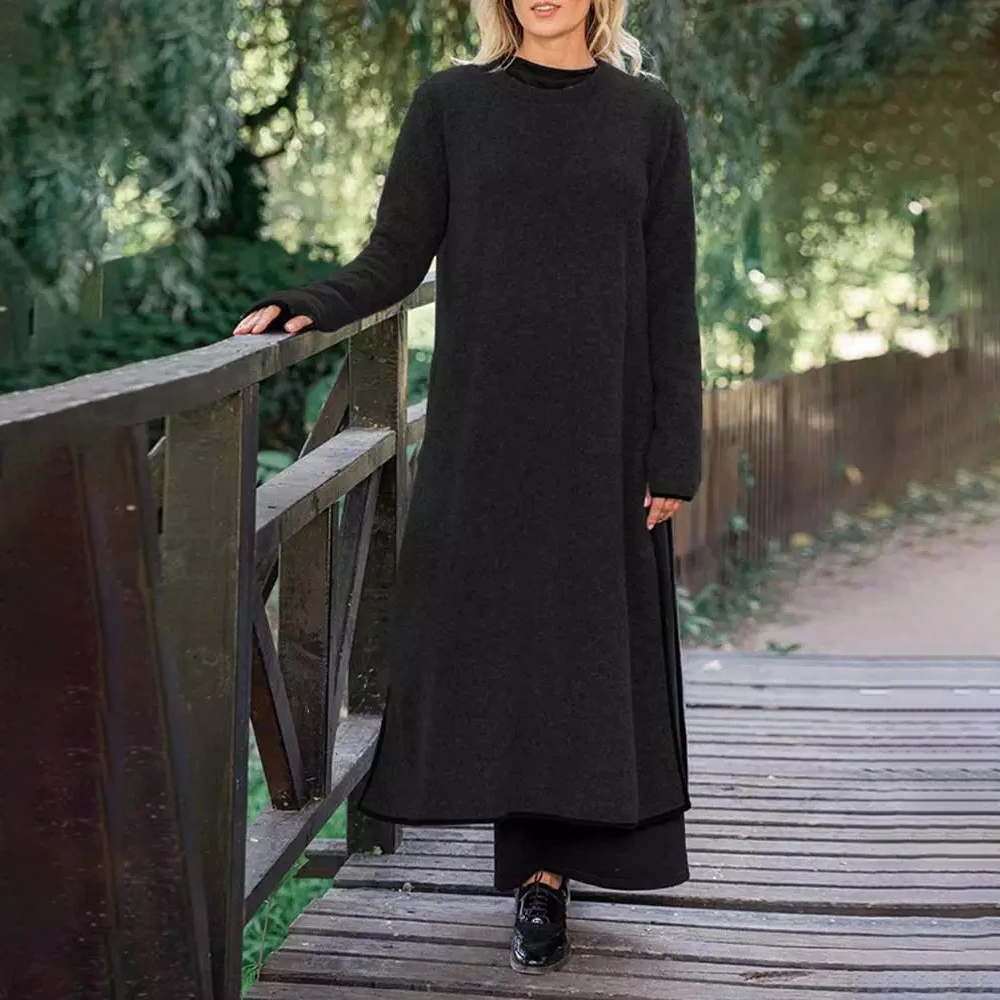 Spring and Winter Warm Women Sweater Dress Elegant Loose Plus Velvet Split O-Neck Contrast Edge Plus Size Pullovers Jumper Dress