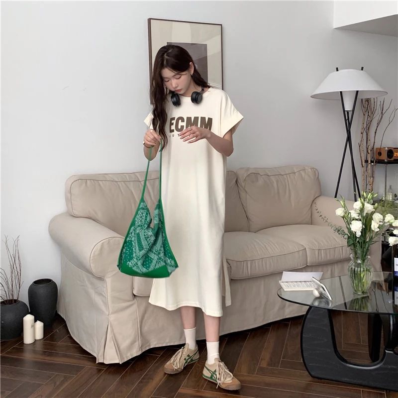 American Casual Style Short Sleeve Letter Print T-Shirt Dress Women Summer Mid-Length Slit Fashionable Top H-Shape Skirt
