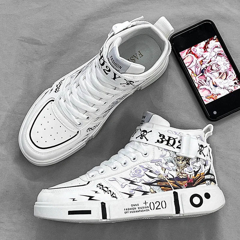 Fashion Cartoon Printed White Sneakers da uomo High Top coppie scarpe da Skateboard Designer Anime Shoes Sneakers da donna 2024 cestini