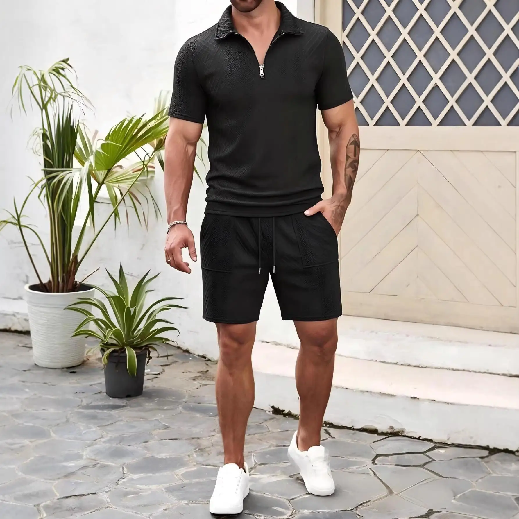 

Men's Pure Color Drawstring Waist Casual Shorts Set Summer Shirt Short Sleeve Short Pants Two-Piece Suit QDD70