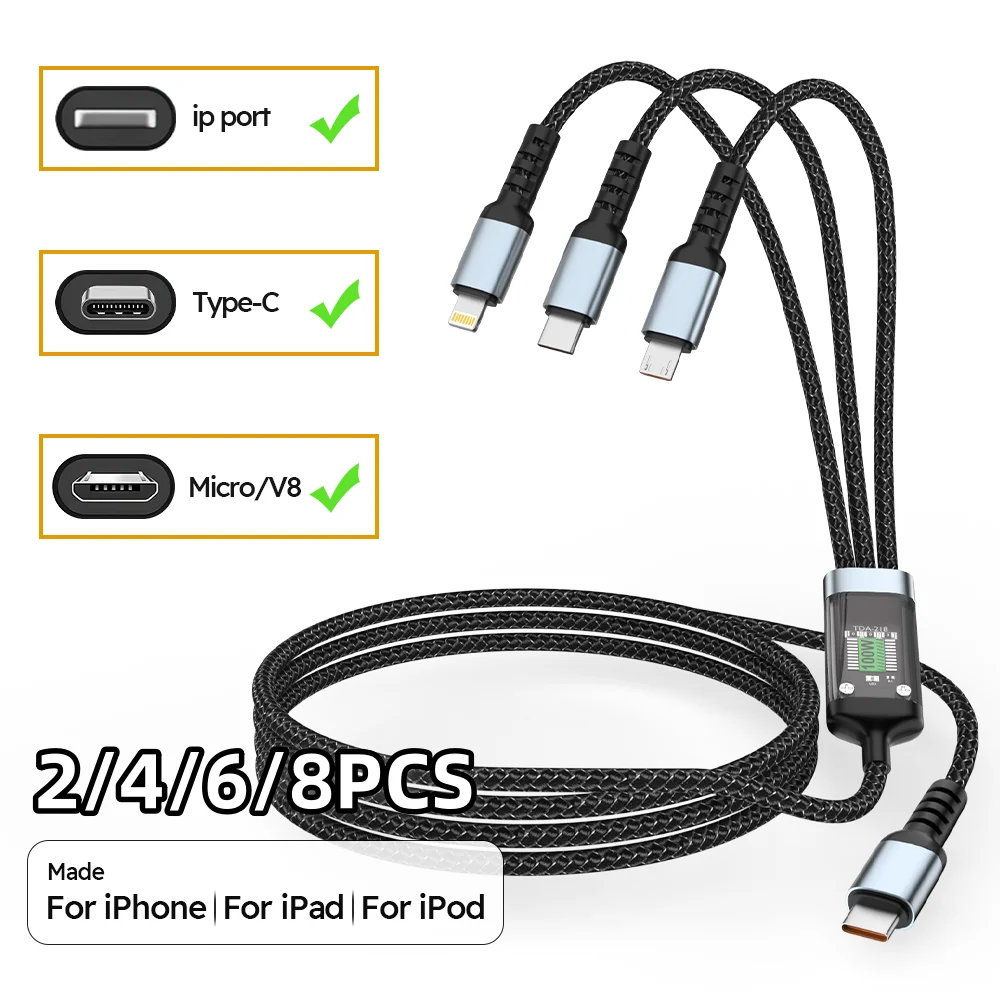 

1.2M 2/4/6/8PCS 3 In 1 Fast Charging Cable,For Iphone Samsung Huawei Xiaomi, A Multi-purpose Line, Easy To Carry