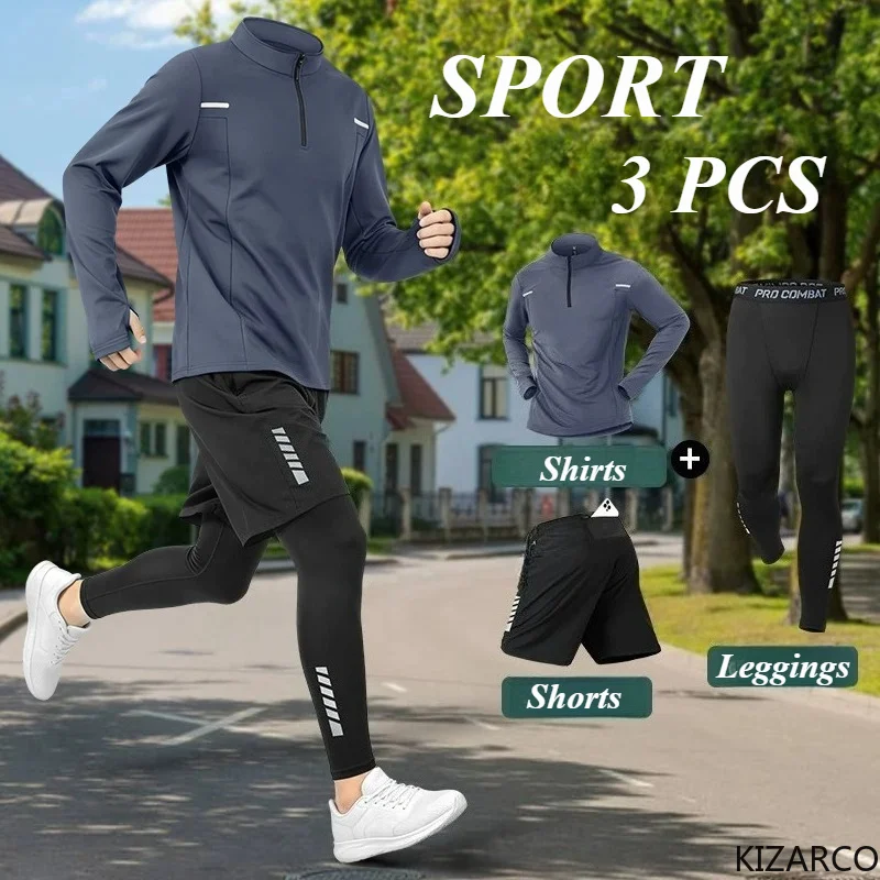 2026 Autumn Men's Quick Dry Jacket Suit 3 Piece Outdoor Fitness Running Sets Sports Jogging Pants Workout Clothes Sportswear