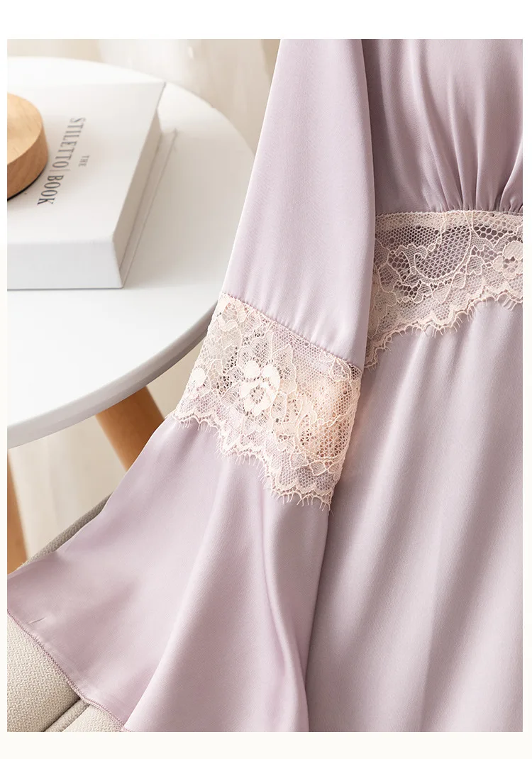 Long Sleeved Ice Silk Mid Length Nightgown for Women Autumn Pagoda Sleeve Sexy V-Neck Lace Chemise Nightdress Intimate Lingerie