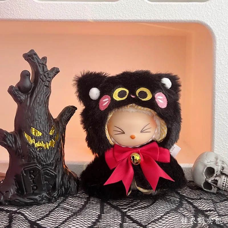 Plush Halloween Black Cat Skull Set Costume for 17cm Labubu V1/v3 Doll Accessories Pumpkin Skull Bell Bow Accessory for Labubu