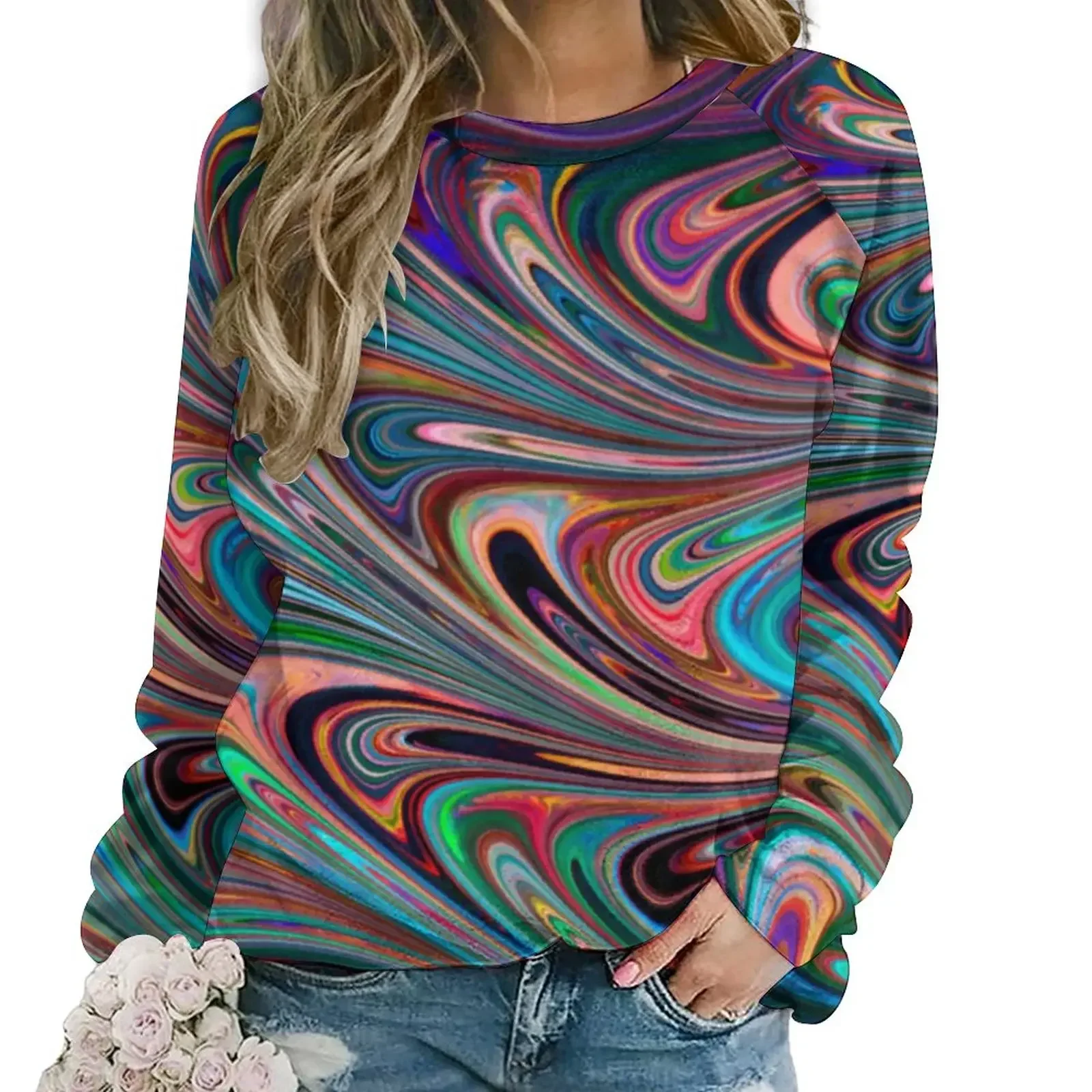 Neon Paint Swirl Casual Hoodies Autumn Colorful Liquid Print Funny Hoodie Lady Long Sleeve Oversized Harajuku Custom Sweatshirts