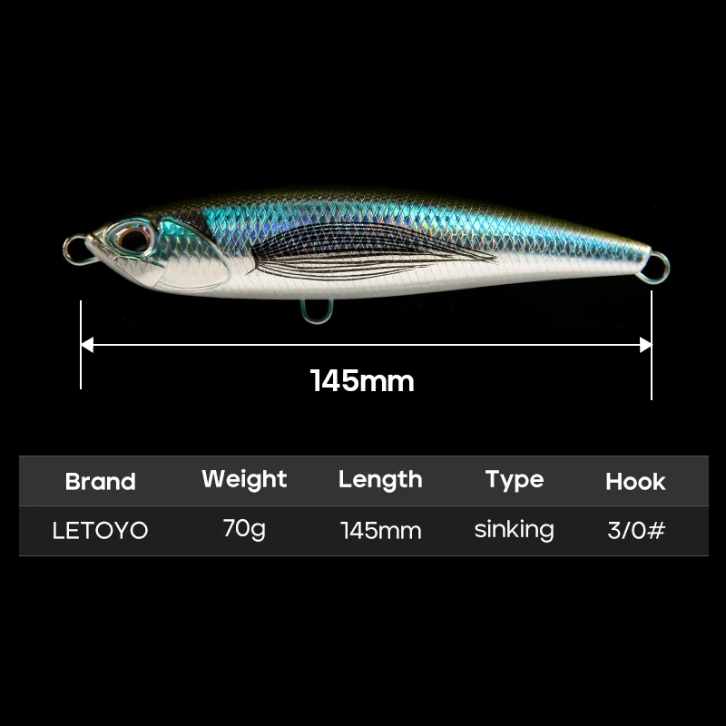 LETOYO 70g/145mm Sinking Pencil Lure Saltwater Pencil Fishing Lure Sea Fishing Sinking Stickbait For Tuna Seabass