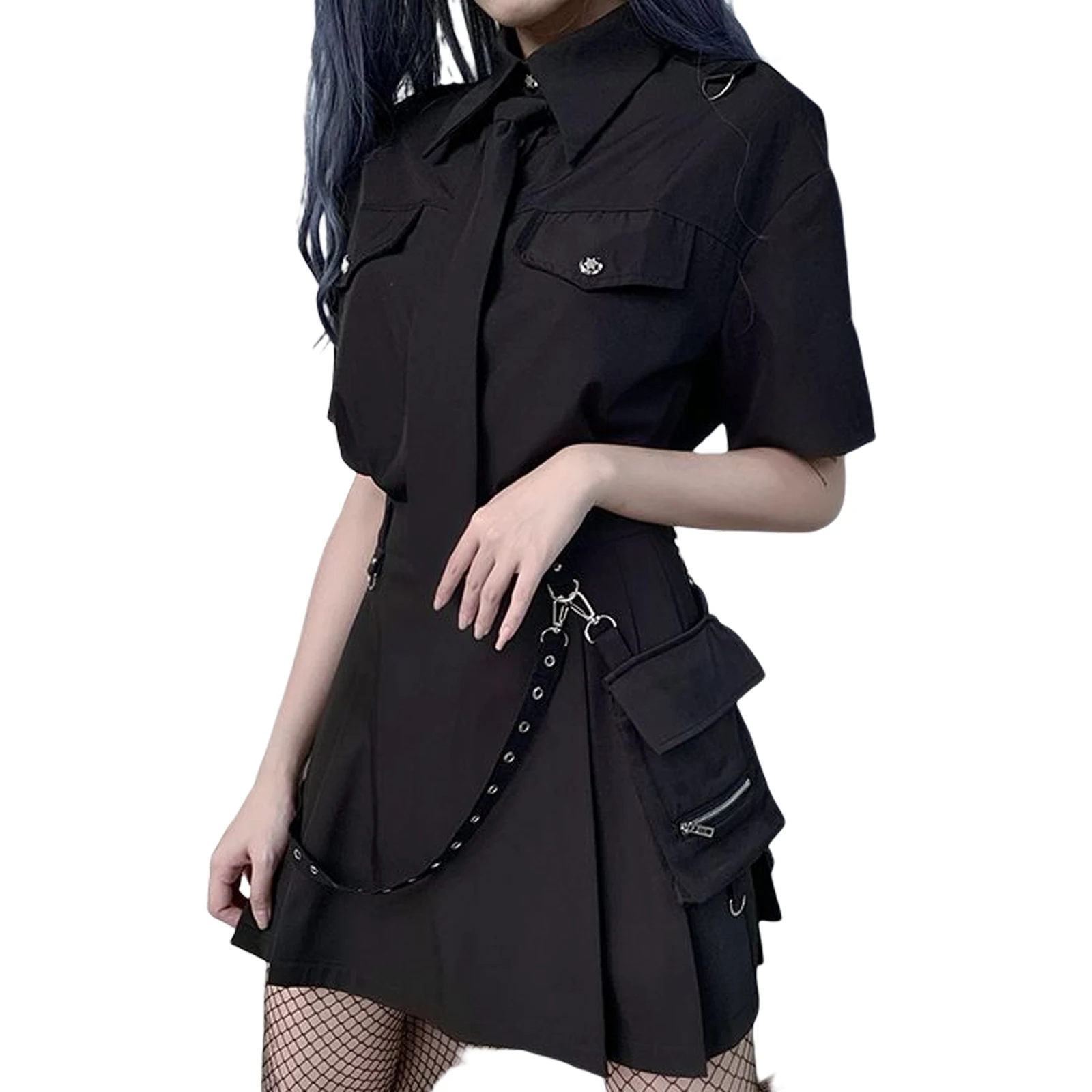 Women Gothic Punk Mini Skirts Y2k Emo Girl High Waist Harajuku Aesthetic Cargo Skirt with Pocket Streetwear