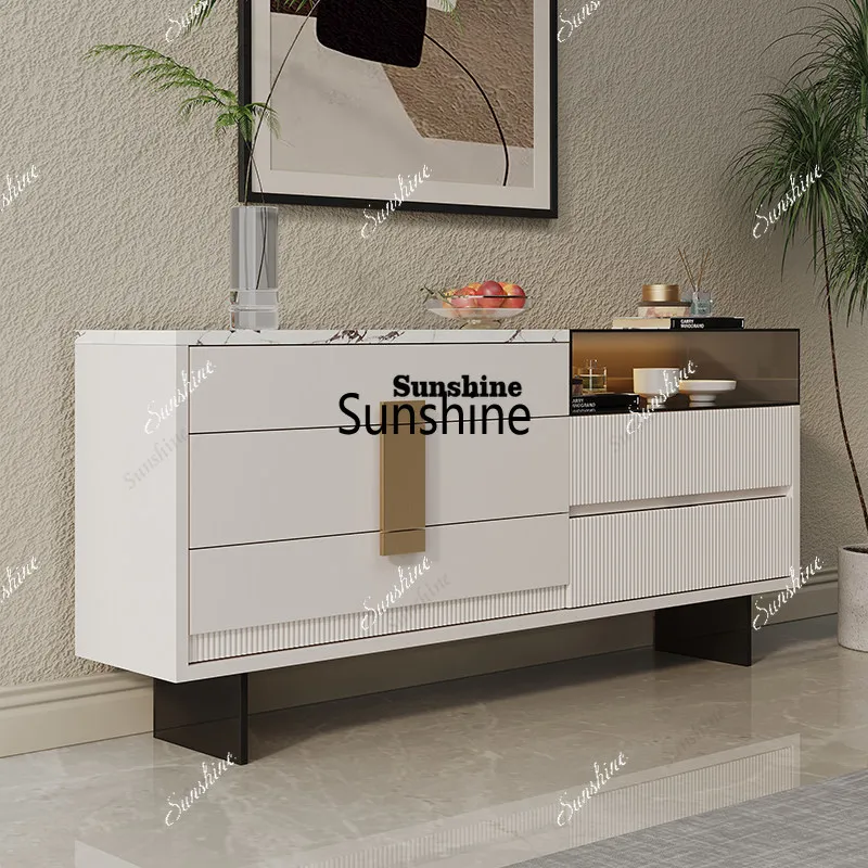 

TDItalian light luxury style marble chest of drawers living room with light glass cabinet against the wall