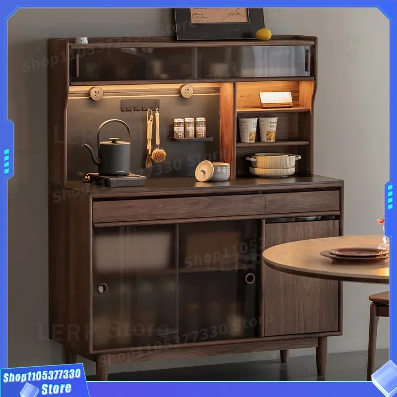 Nordic Black Walnut Dining Sideboard Solid Wood Rock Slab Wall Mounted Cabinet Integrated Travertine Storage Tea Console