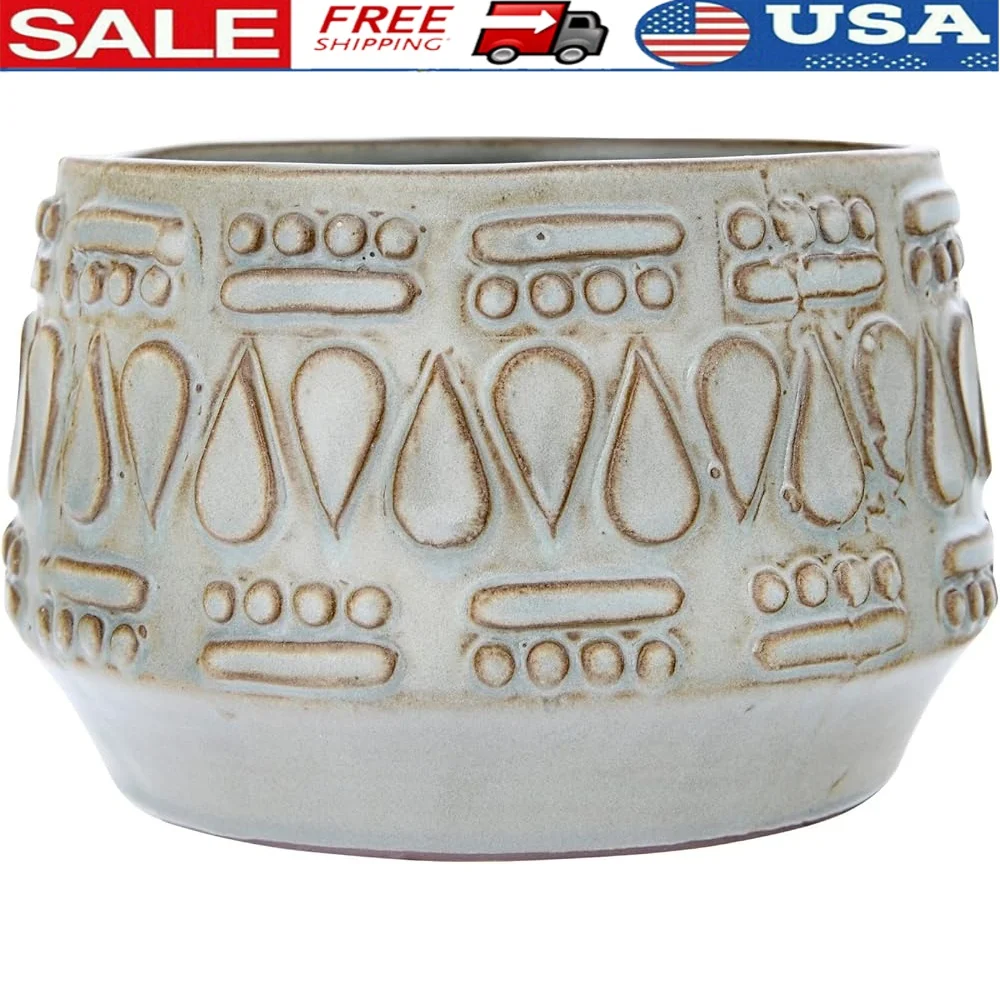 

Embossed Stoneware Planter Decorative Pot with Drainage Hole Dried Botanicals Small Plants Home Accent 6.75 Inch