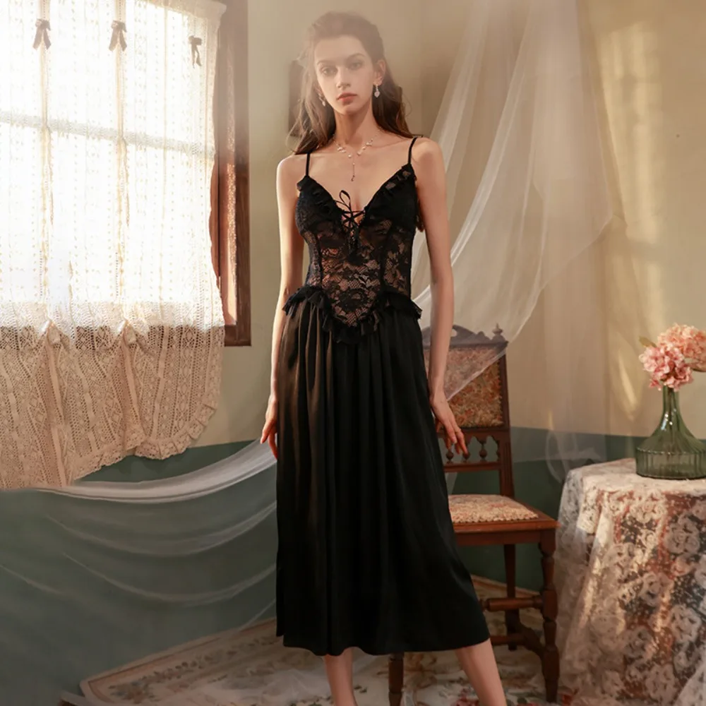 French high luxury pure desire light luxury long skirt sleepwear women's lace bow suspender chest cushion nightgown homewear