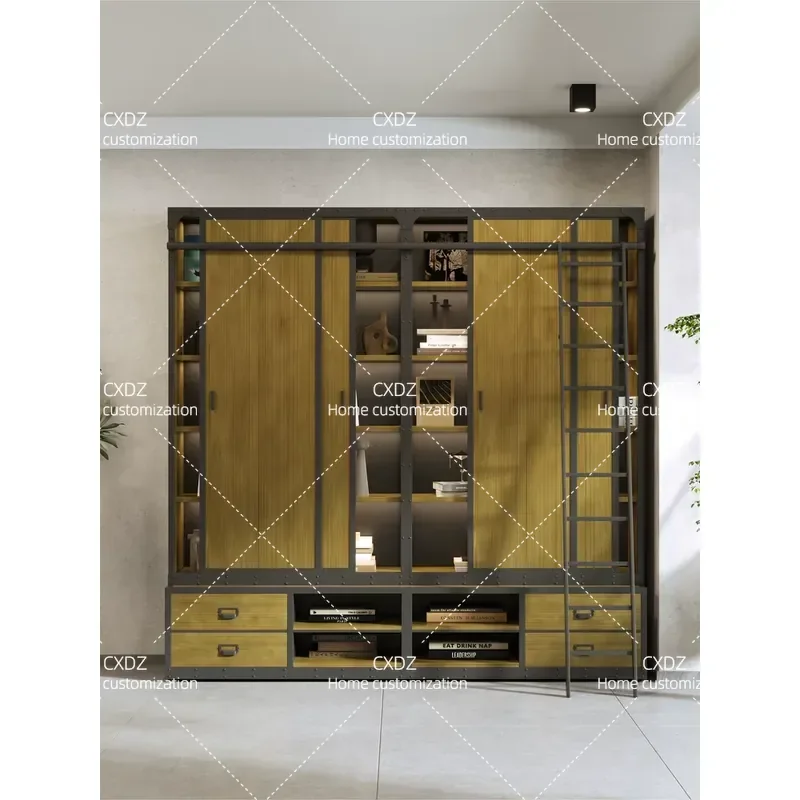 Industrial style bookcase with cabinet door, living room wrought iron solid wood dust-proof bookshelf, floor-to-ceiling