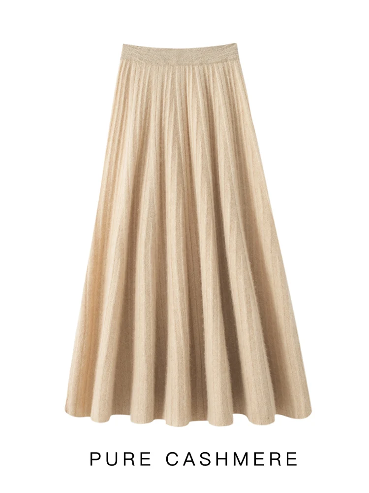 

2025 New Chic Cashmere A-line Midi Skirt High Quality Autumn Winter Women's Graceful Simple Style 100% Cashmere Knitted Skirt
