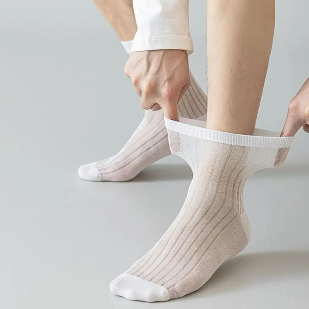 

Simple Solid Color Business Socks Men Stripe Mesh Thin Mid-calf Socks Men Soft Breathable Men Tube Socks Summer