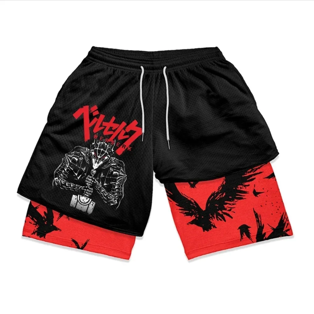 Y2K Shorts Pants Mens Japanese Harajuku Gothic Anime Print 2 in 1 Double Layer Casual Sports Shorts New Men Basketball Shorts