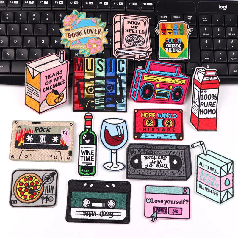 Music Tape Patch DIY Wine Cup/Cartoon Embroidery Patch Book Badge Iron On Patches For Clothing thermoadhesive Patches On Clothes