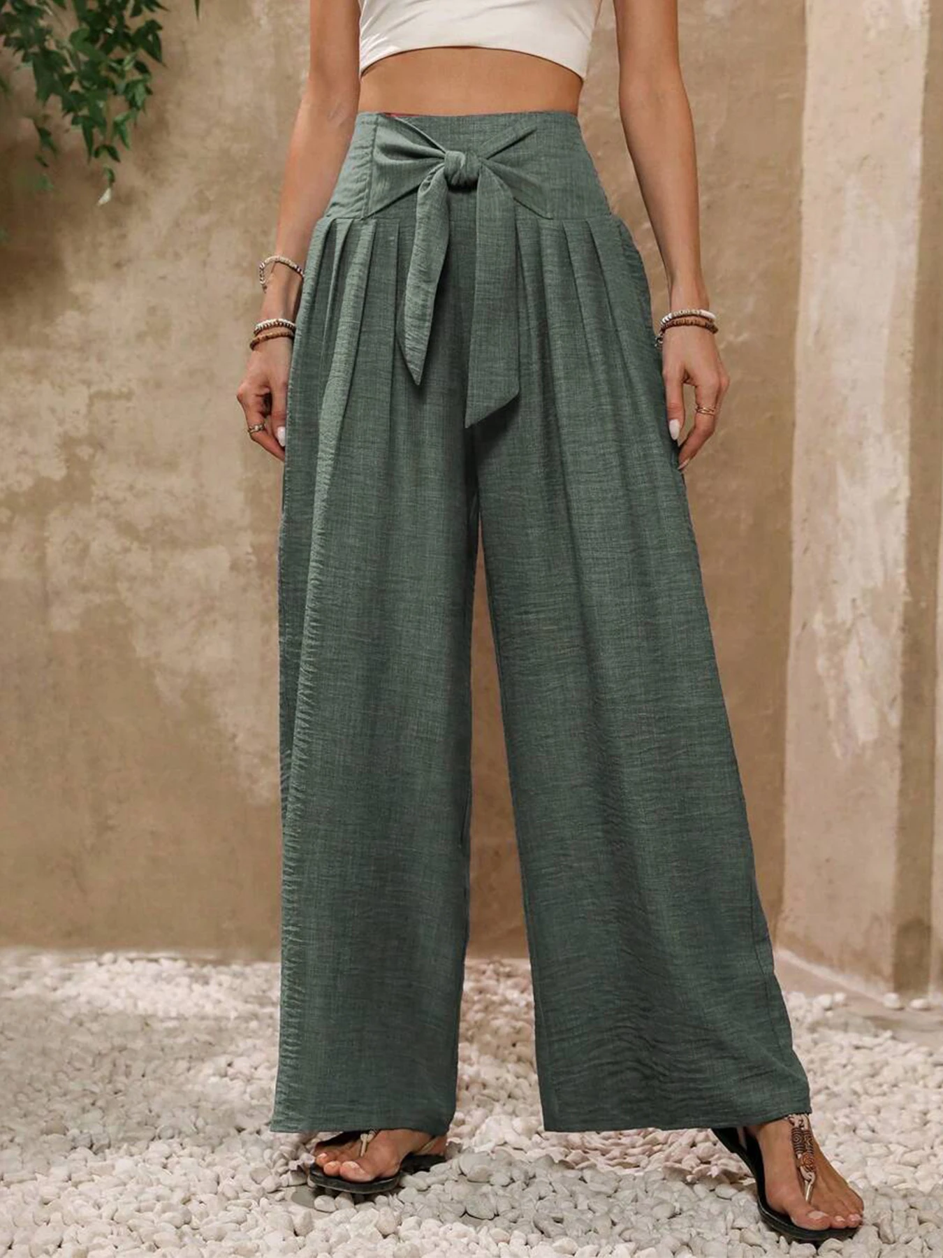 Wide Leg Pants Women High Waist Front Tie Knot Pleated Loose Flowy Trousers Summer Boho Casual Beach Vacation Long Pants