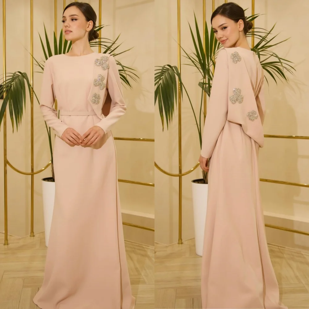 

Customized Intricate Matching Jersey Sequined Pleat A-line Scoop Neck Long Dresses Bespoke Occasion Fashion