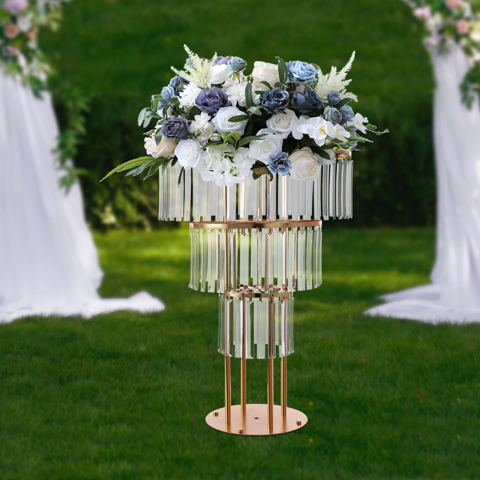 3 Tier Gold Wedding Centerpiece Stand 90cm, Crystal Flower Vase Holder with Hanging Pendants, 17.64lbs Load Capacity for Wedding Party Backdrop Decor (Gold)