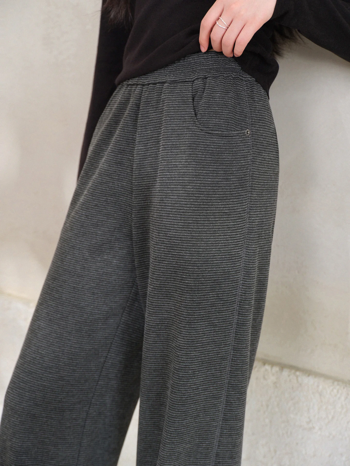 Gray Knit Pants Women Soft Loose Straight-Leg Trousers Lady Trendy Striped Casual Lounge Bottoms Comfy Draping Daily Outfits