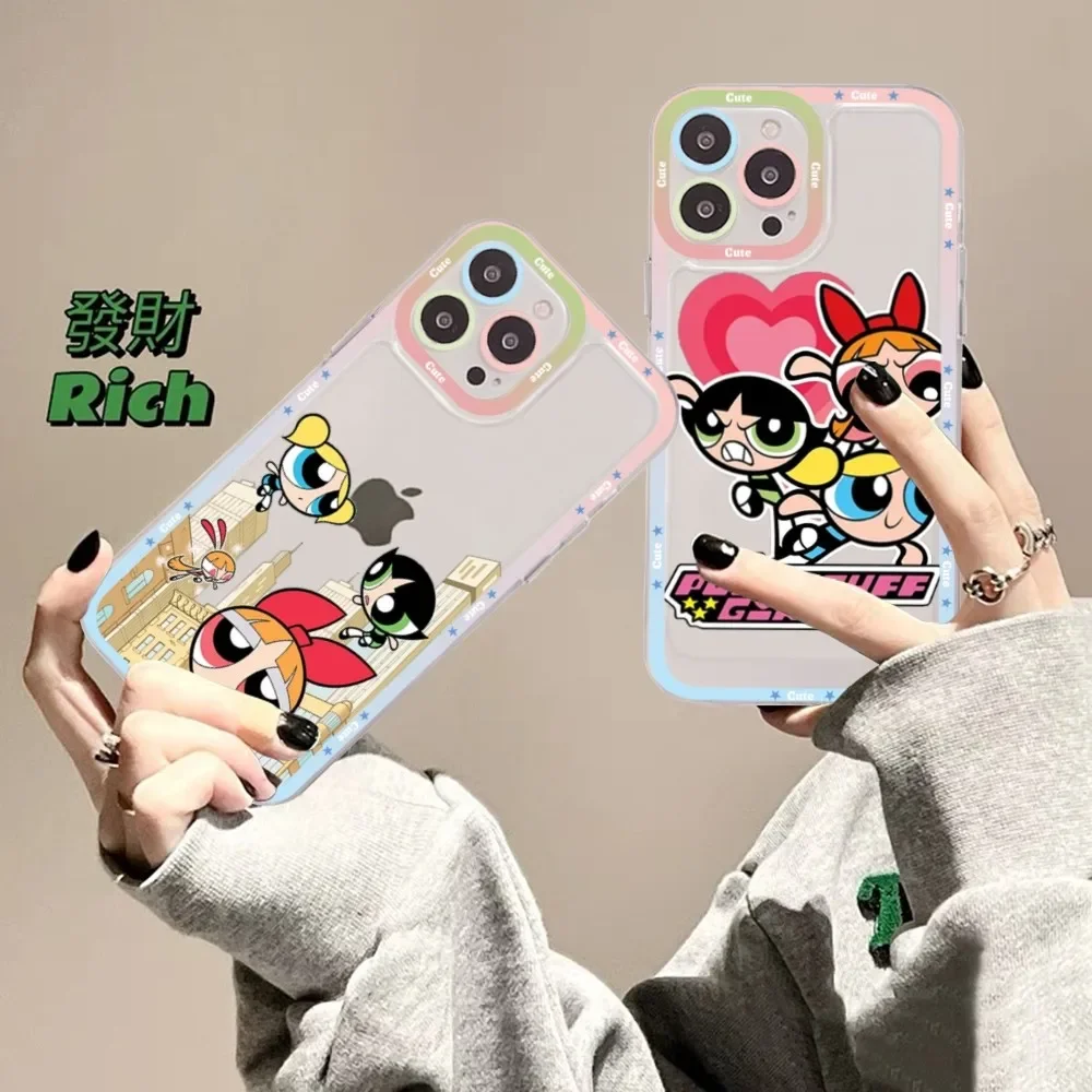 Cute-P-Powerpuffes-G-Girls Phone Case For IPhone 16 15 11 12 13 14 Mini Pro Max XR X XS TPU Clear Case