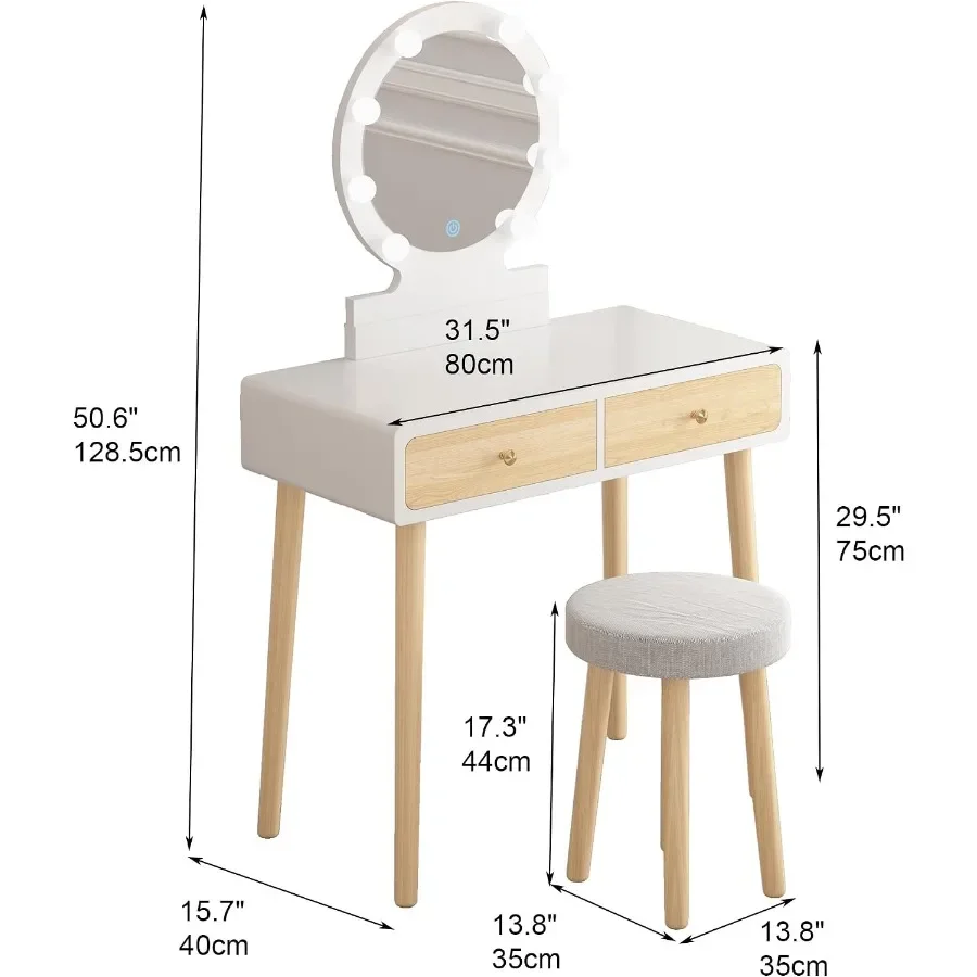 Modern White Makeup Vanity Desk with Touch Light Mirror 2 Drawers