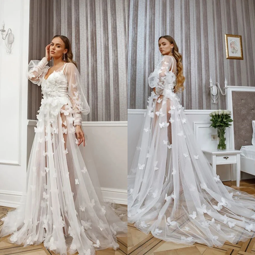 14405#VANNA Sexy White Bridal Night Bathrobe Tulle Pajama for Longsleeve Bride Beads  Robes Dressing Floor Lehgth Wedding Dress