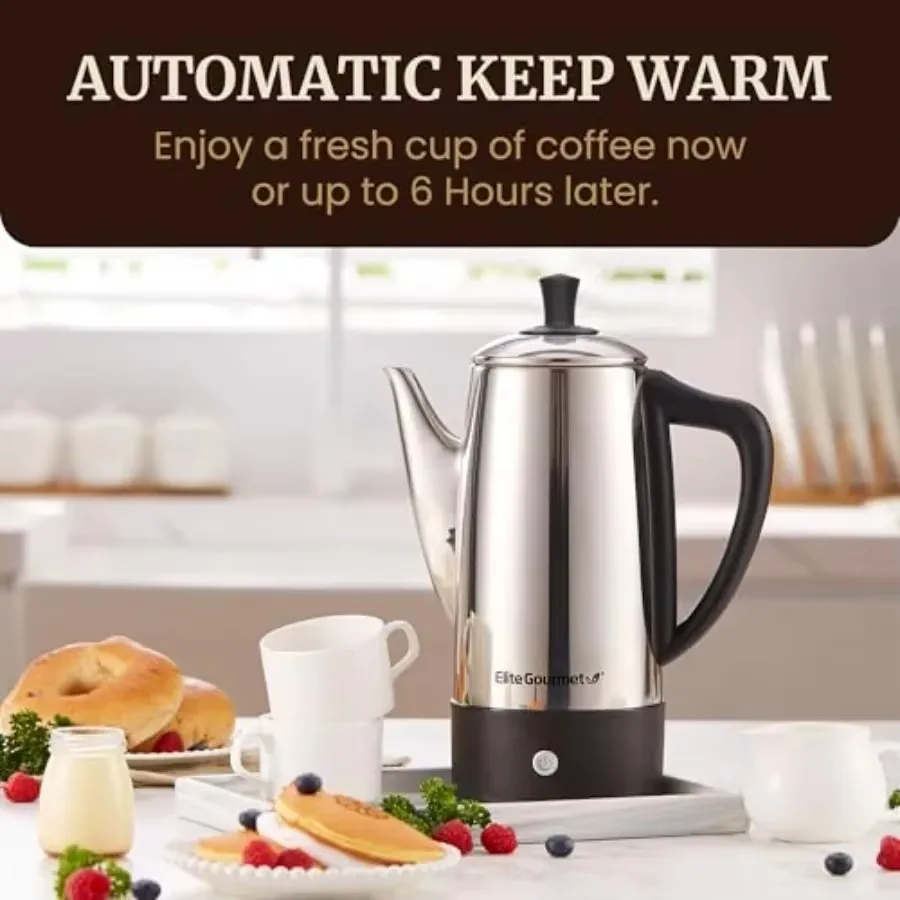 FirmHome Store12-Cup Electric Coffee Percolator Dishwasher Safe Stainless-Steel Filter Lid And Tube Keep Warm 360° Swivel Base C