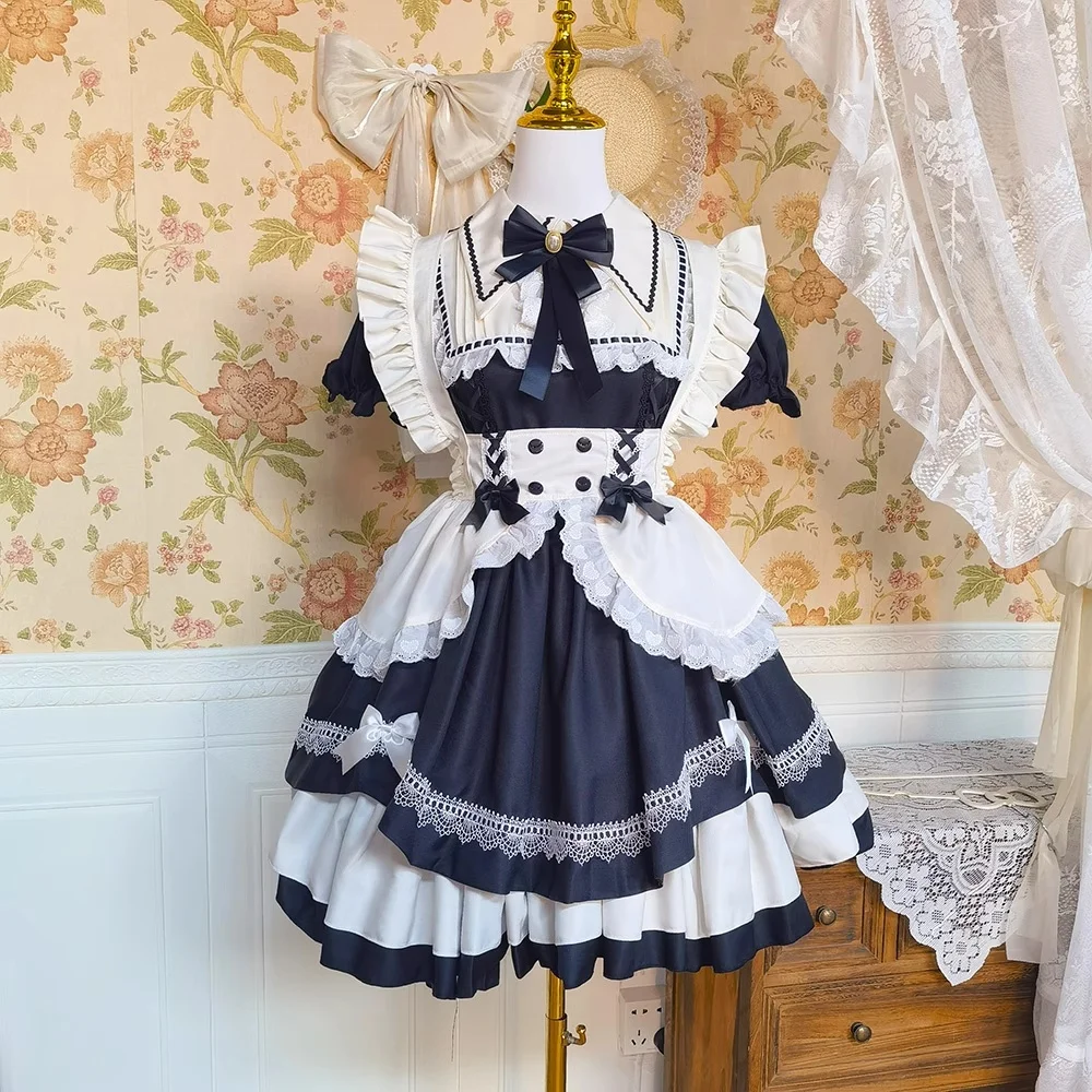 

Lolita Dress Maid Cosplay Japanese Sweet Lolita Lace Dress with Waist Tie Light Daily Lolita Set In Stock