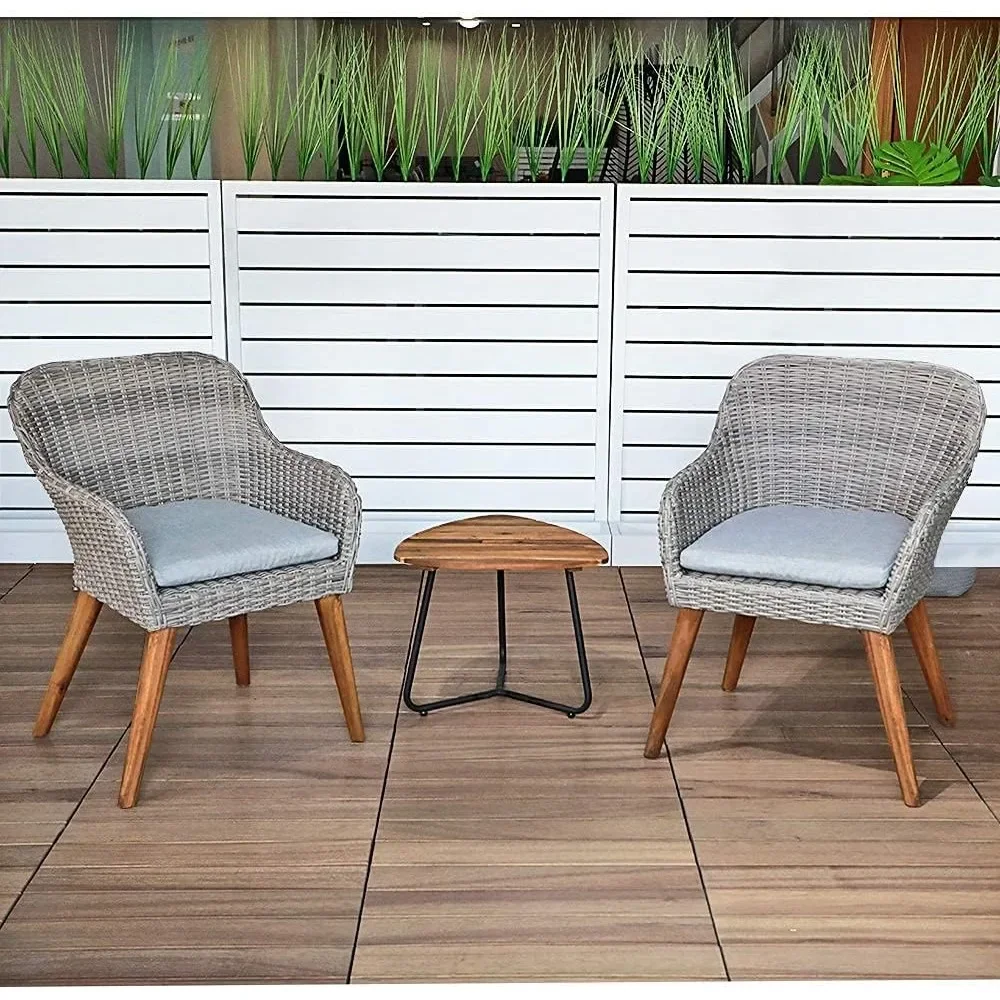 Outdoor 3-Piece Bistro Set with Seat Cushion, Two Chairs and Wood Top Side Table, Gray Wicker with Wood Leg