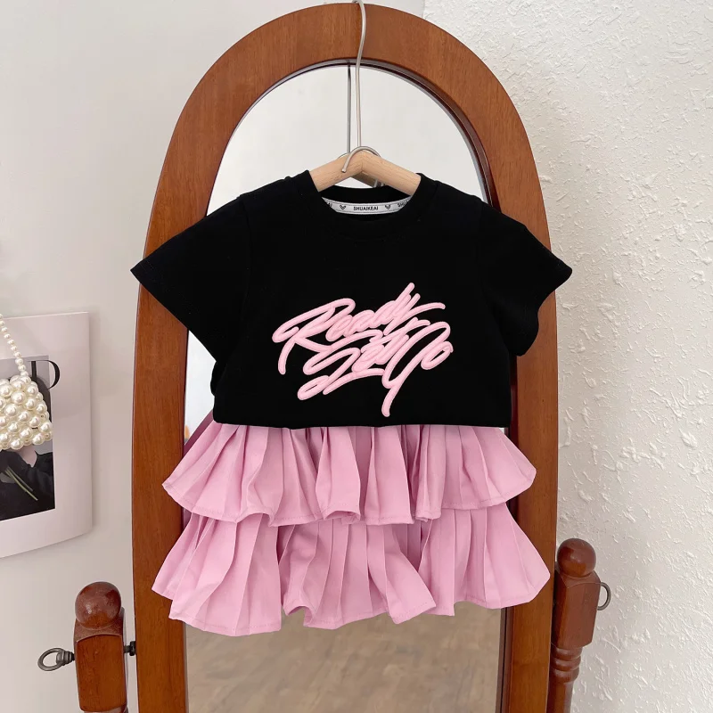 

Summer Girls' Letter Short SleeveTT-shirt+Pleated Midi Skirt Princess Dress Two-Piece Set Cake Skirt Printed Outfit