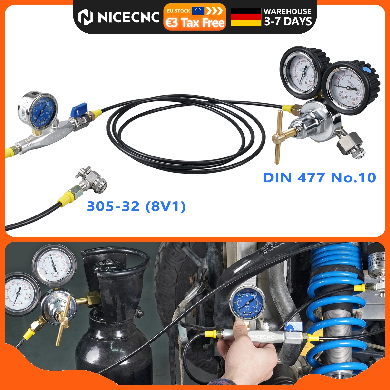 .305-32 8V1 Ventiladapter DIN 477 Nr. 10 UTV ATV Motorrad Stoßdämpfer Stickstoff-Füllwerkzeug Regler-Kit für Yamaha Raptor YFZ Polaris RZR CanAm X3 Fox Showa KYB