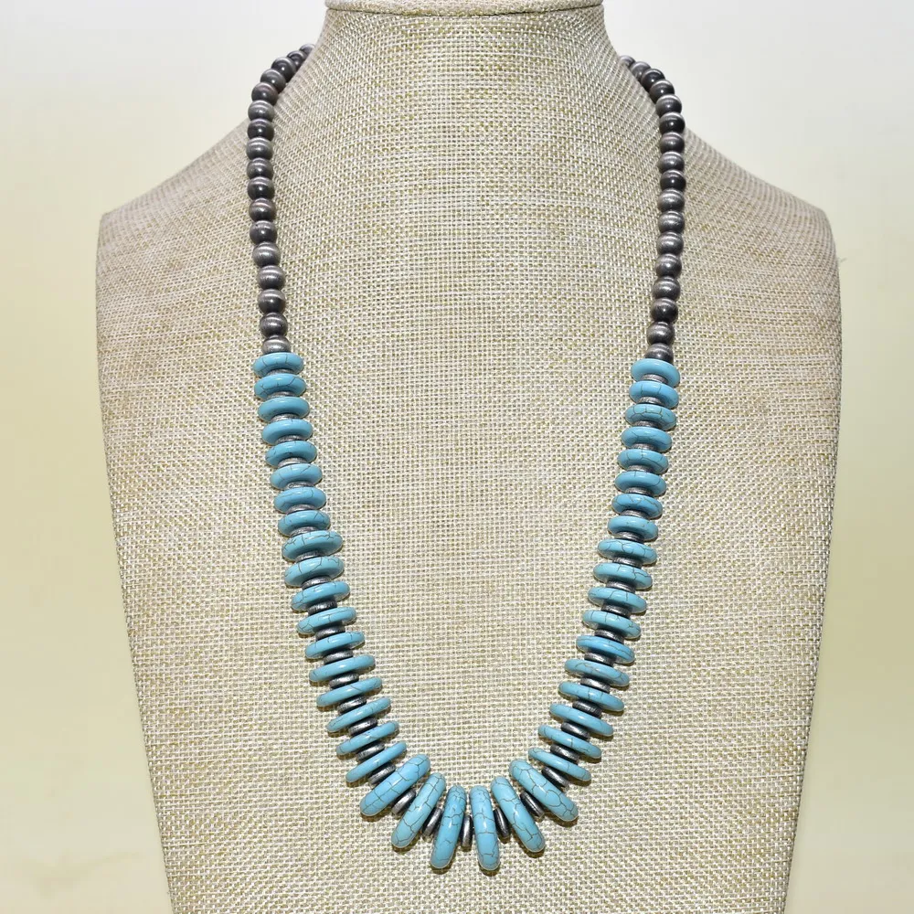 ​Western Style Navajo Pearls Beads With Turquoise Spacers Bead Long Chain Necklace For Women