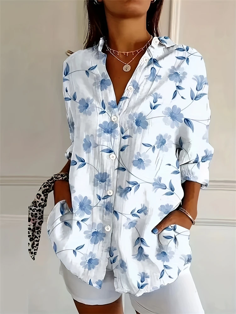 2025 novo verão camisa casual feminina com decote em v topos tamanho solto manga longa floral impresso único breasted moda festa camisa