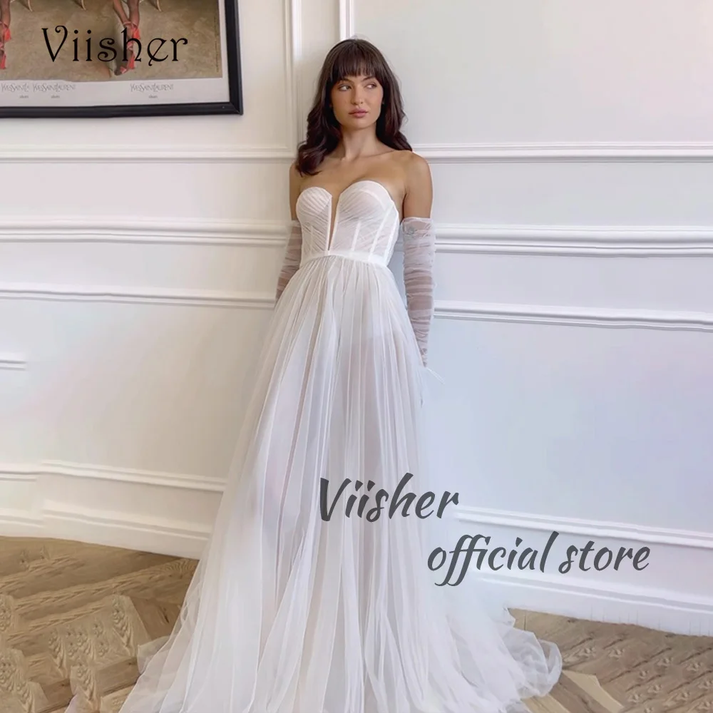 Viisher White Illusion Tulle Wedding Dresses Bone Corset Sweetheart Bride Dress Long A Line Civil Bridesmaid Bridal Gowns