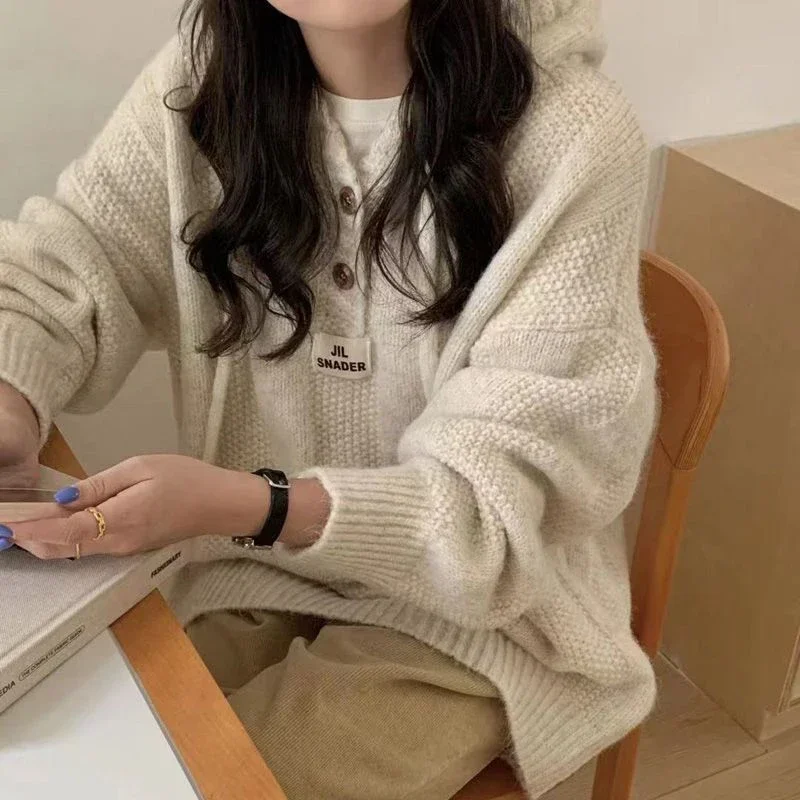 Korean Knitted Hooded Sweater Women Fall Winter Long Sleeved Warm Buttons Loose Pullover Solid Harajuku Lazy Sprots Sweatshirt