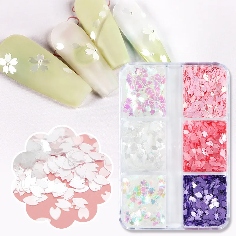 6 Grids Sakura Flower Petal Chip Nail Sequins Cherry Blossoms Glitter Stickers Spring Japanese Holographic Decor Flakes SAS128 image 2