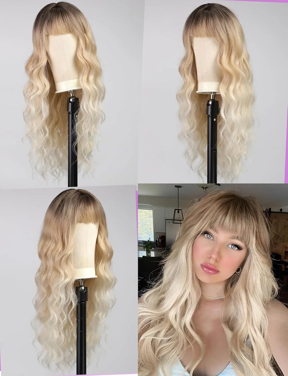 Blonde Gold Synthetic Wig for Women Long Wavy Synthetic Wigs with Bangs Dark Root Hair Heat Resistant Wigs Natural Daily Fiber