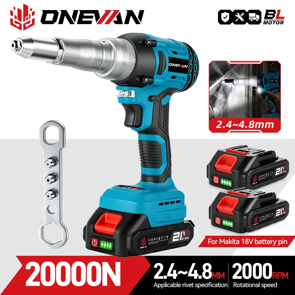 ONEVAN 20000N/25000N Pistola per rivetti elettrica senza spazzole 2.4 ~ 5.0mm Cordless Rivet Nut Gun Trapano Utensile elettrico per Makita 18V Batteria Pin