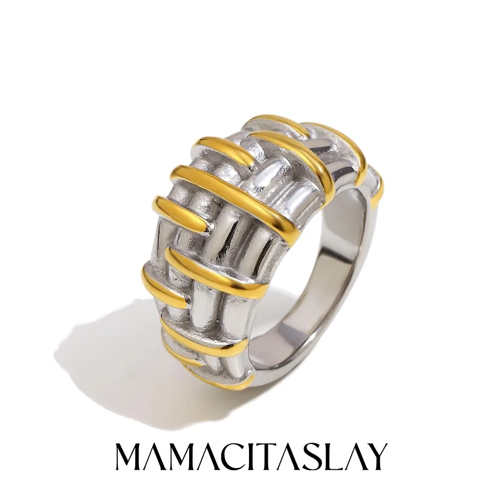 MamacitaSlay 316L Edelstahl Mischfarbe Kreuzlinienring 18 Karat vergoldet Wasserdichter Schmuck Damen Kreativer Ring Geschenke
