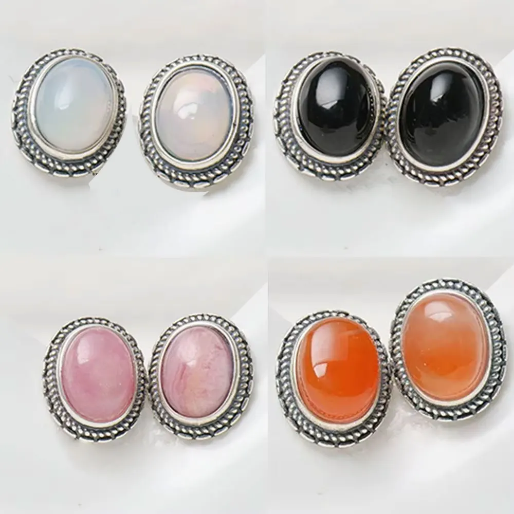 

Retro S925 sterling silver agate earrings with natural gemstones, cat eye effect energy healing, unique birthday gift jewelry