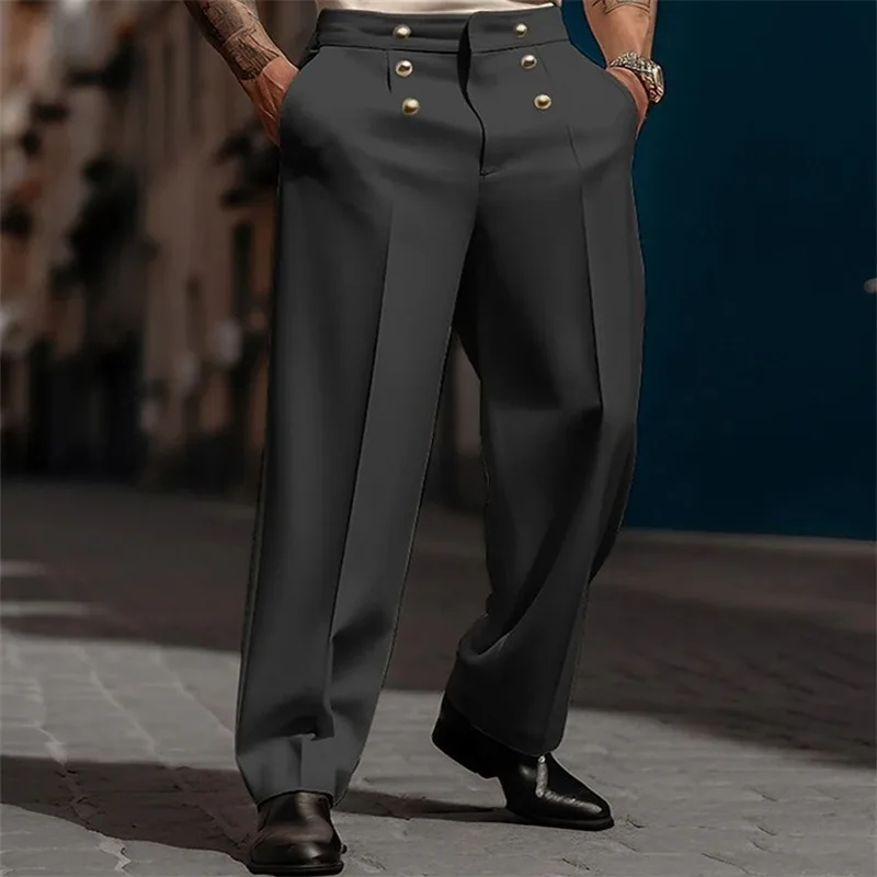 KIDWHXR 2026 Herrenhose, locker geschnitten, gerade, einfarbig, mit Knopfleiste und Taschen, Anzughose für Party, Hochzeit, Business, Freizeit, mittlere Taille – Detail 3