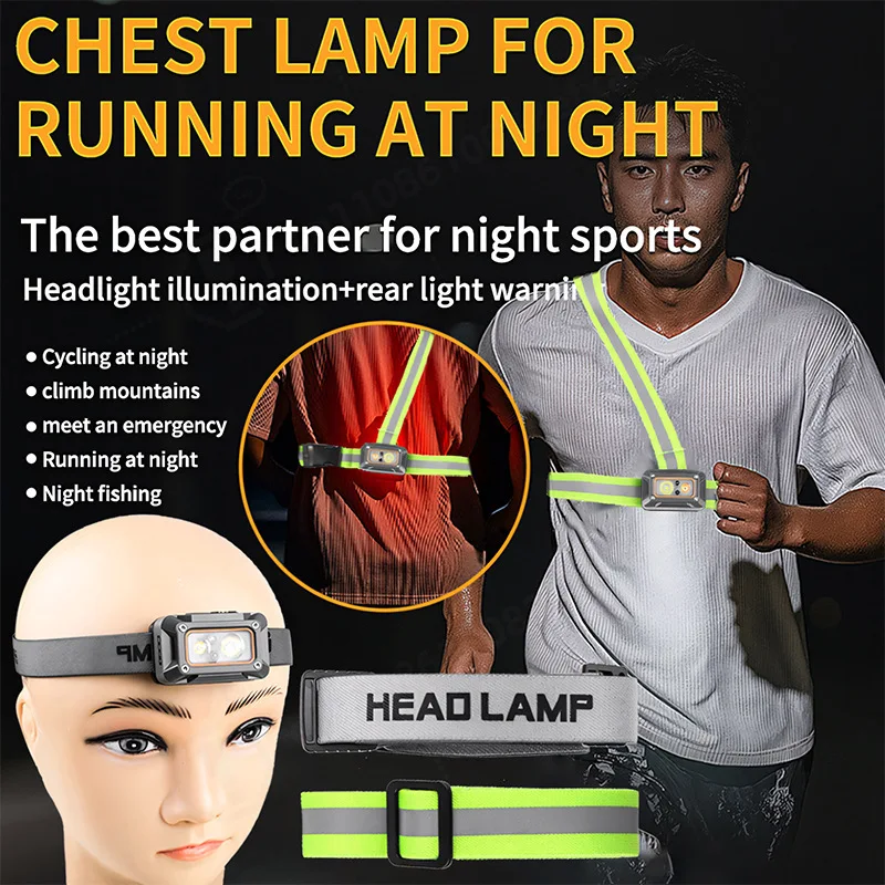 New LED Strong Light Sensor Headlamp USB Rechargeable Multi Light Chest Running Flashlight Multifunctional Headlight