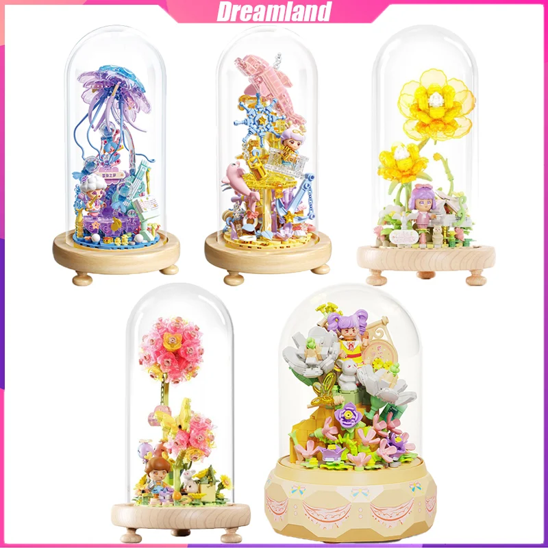 Dreamland Building Blocks Music Box Flowers Desktop Decoration Puzzle Assembling Model Toys Birthday Gifts for Boys and Girls