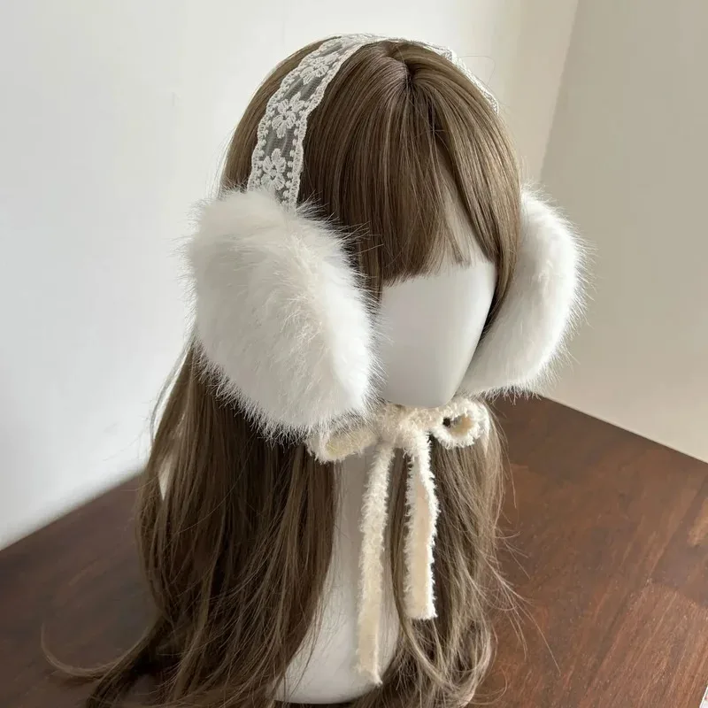 Orejeras con lazo de encaje para mujer, cálidas y gruesas, cinta Kawaii japonesa JK, diadema protectora para los oídos, accesorios para ciclismo Y2k